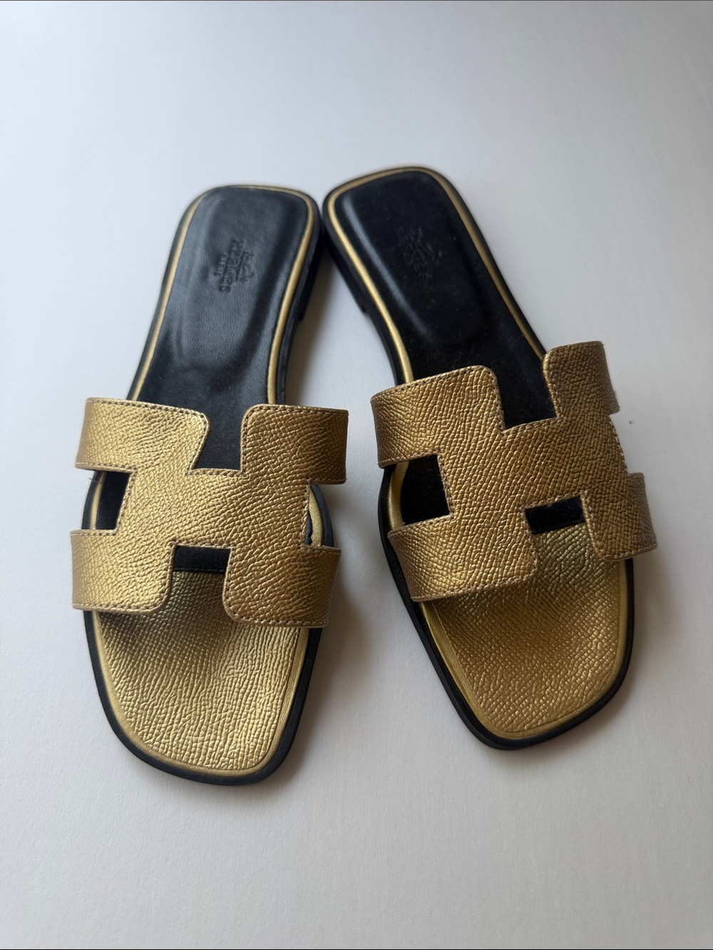 Hermes Gold Leather Oran Slide Sandals